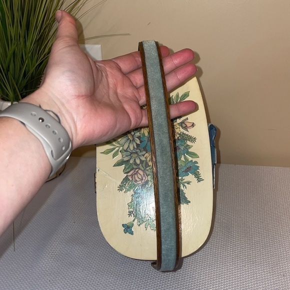 Vintage women’s  basket purse handbag unique handmade floral brown blue white - Picture 6 of 11